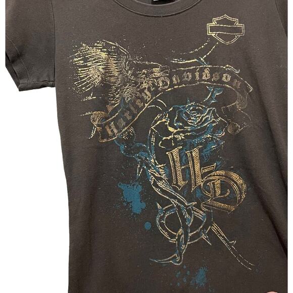 Harley Davidson Ladies Cut Brown Metallic Graphic Tee Ithaca HD Cayuta, NY Large - Picture 3 of 6